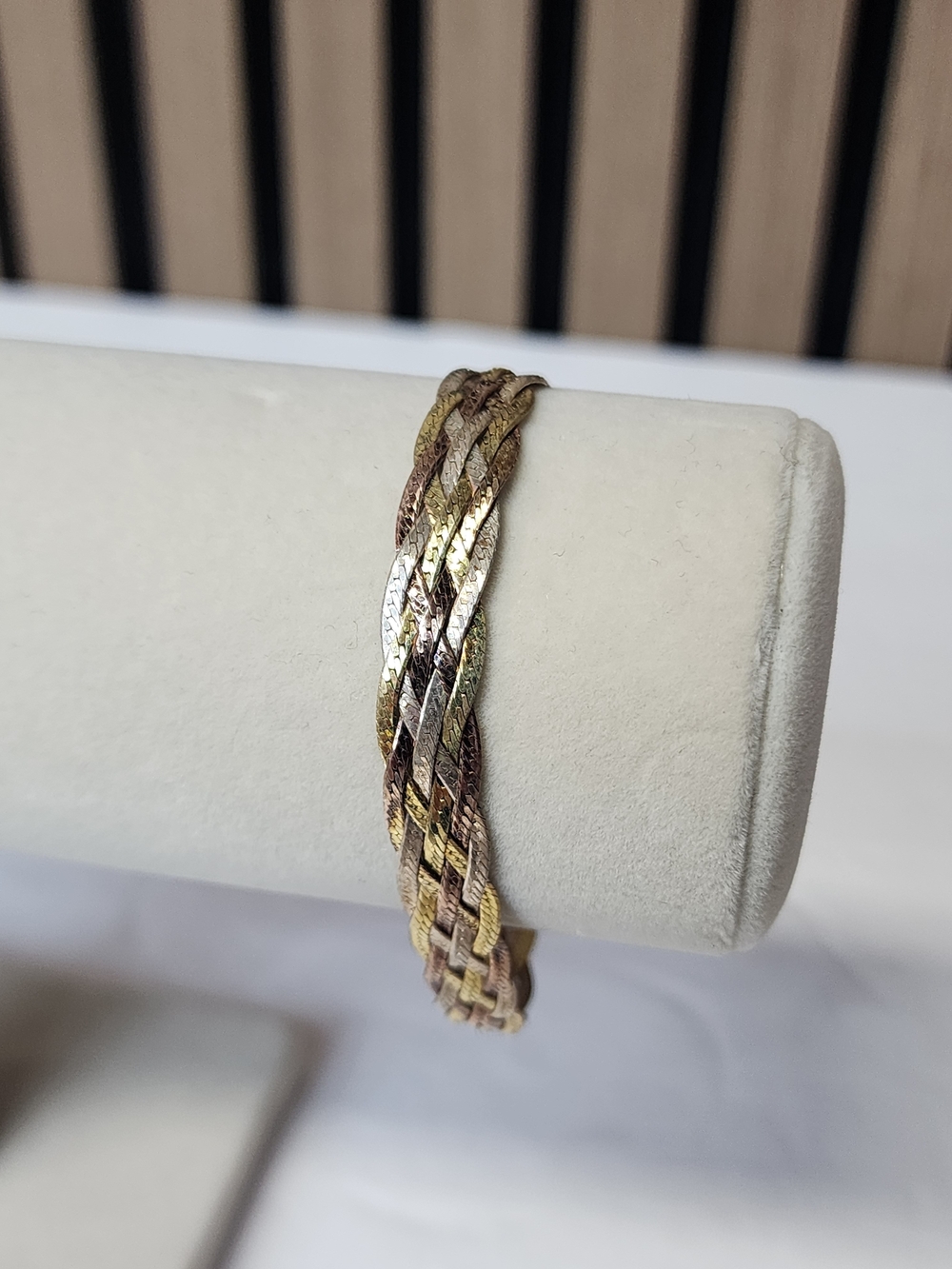 Vintage Sterling Silver 925 Tri-Gold Braided Herringbone Signed Italy Bracelet